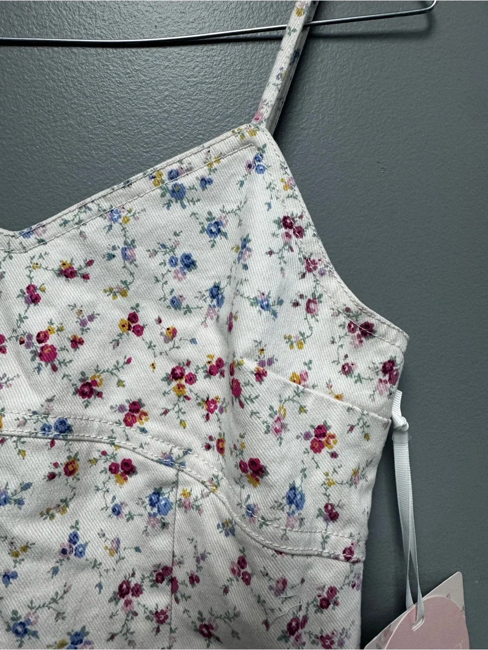 LoveShackFancy White Floral dress Ruffle Hem youth size 12 denim side pockets